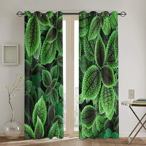 Amazon パンチカーテン 緑の葉リビングルームベッドルームウィンドウドレープ2パネルセット260cmx180cm カーテン オンライン通販