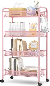 4-Tier Rolling Cart On Wheels Pink Easy Assemble Storage