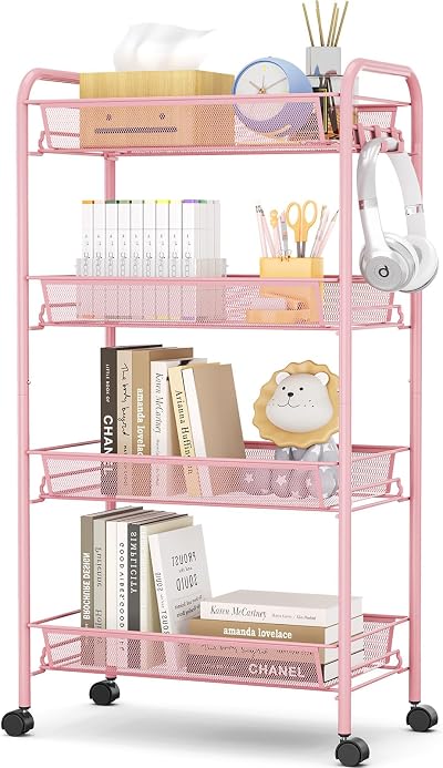 4-Tier Rolling Cart On Wheels Pink Easy Assemble Storage