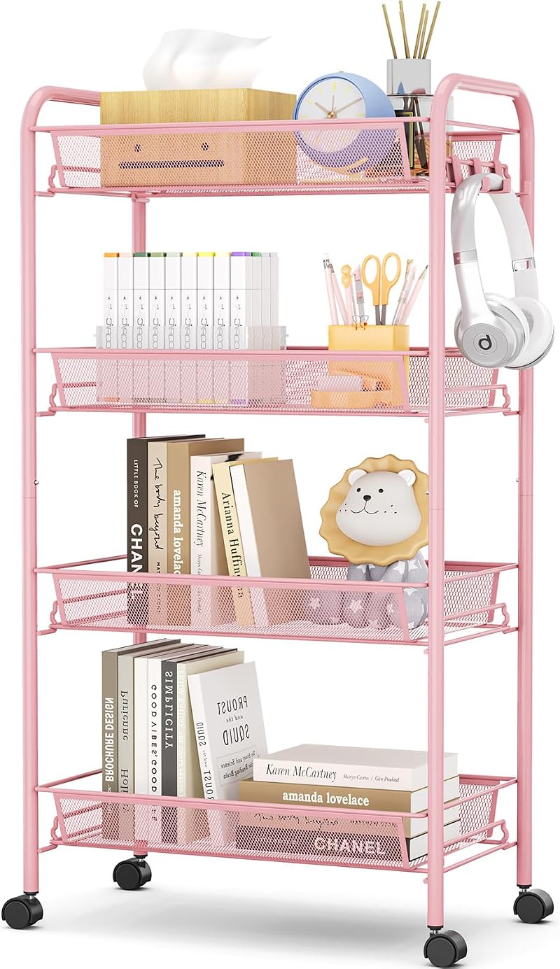 4-Tier Rolling Cart On Wheels Pink Easy Assemble Storage