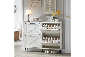 Barnyatoh Shoe Storage Cabinet,Farmhouse Shoe Organizer with 4 Flip Drawers & Barn Door Design,Freestanding Hidden Slim Narrow Shoe Rack Cabinet for Entryway,Foyer,Hallway,Antique White