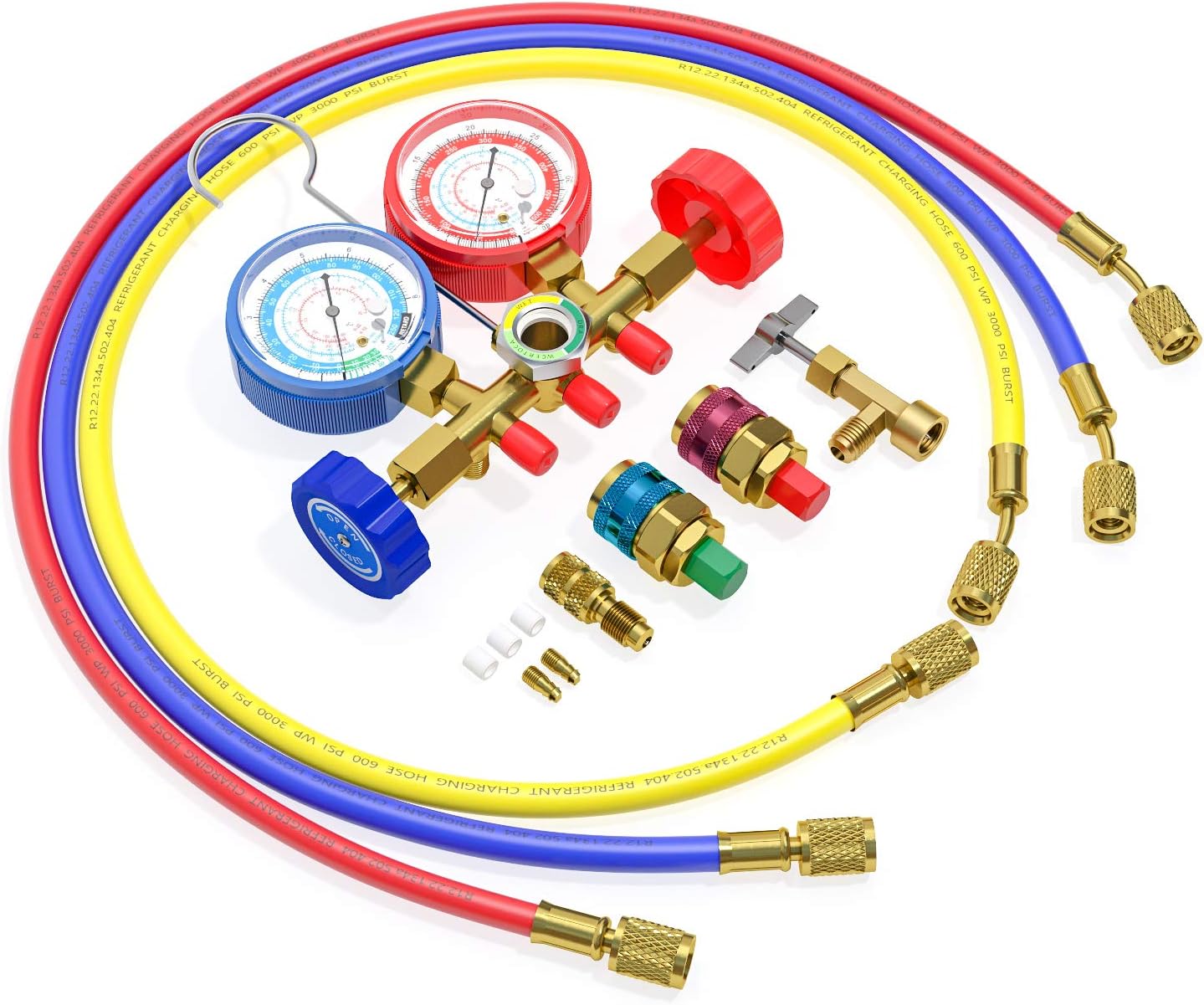 AURELIO TECH 3 Way AC Manifold Gauge Set, Fits for R134A R12 R22 and R502 Refrigerants, with 5FT Hose, Acme Tank Adapters, Quick Couplers and Can Tap (Instruction Included): Automotive