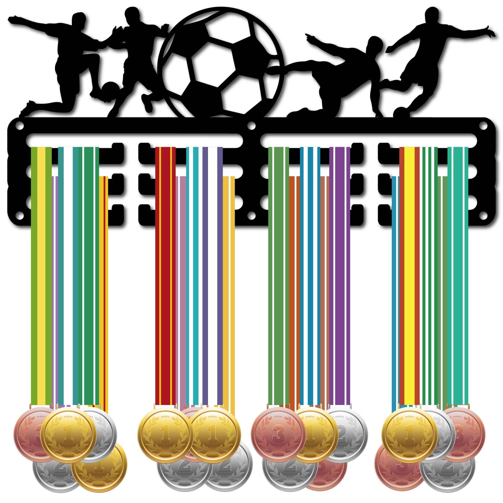 CREATCABIN Football Medal Holder Medal Hanger Medal Rack Display Hanging Awards Wall Mounted Room Decoration 3 Lines Design Hold 40+ Medals Gift for Football Player Men Women 11.4x5.1 Inch Black