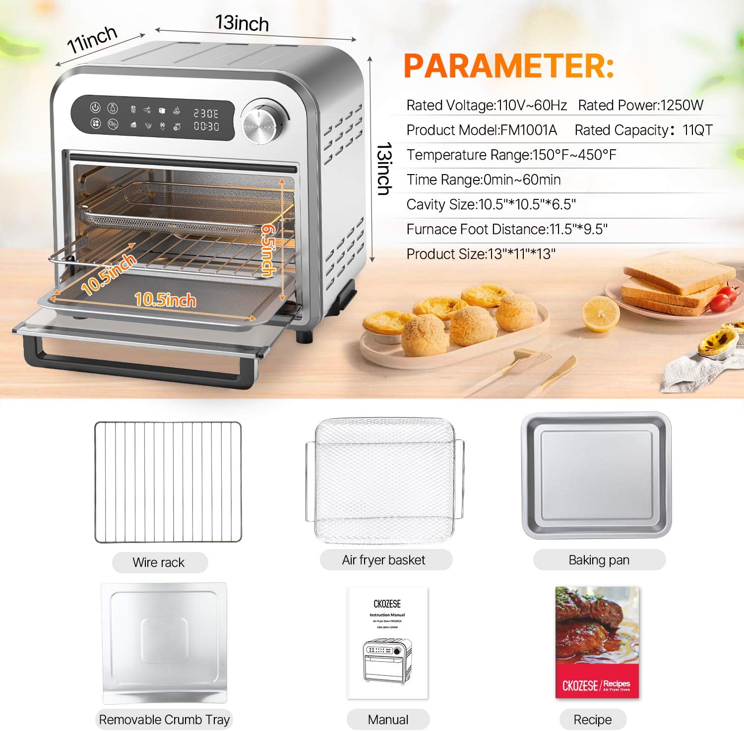 8-In-1 Small Stainless Steel Digital Air Fryer Toaster Oven, Dehydrator/Bake/Broil/Roast Function, 1250W&60 Min Timer, 11QT Compact Countertop Convection Oven with Touch Panel, 4 Accessories &Recipe: Kitchen & Dining