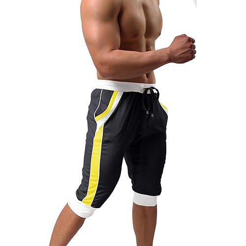 BIYLACLESEN Men's 3/4 Running Pants Gym Workout Breathable Mesh Capri Jogger Shorts