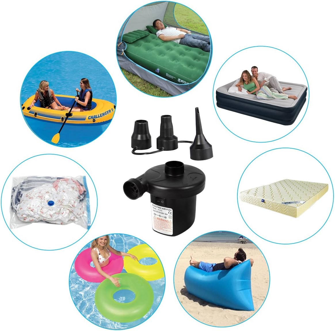 Omont Electric Quick-Fill Air Pump 110V AC/12V DC Portable Inflator Air Mattress Pump for Inflatable Air Bed Lake Floats Rafts Pool Toys: Home Improvement