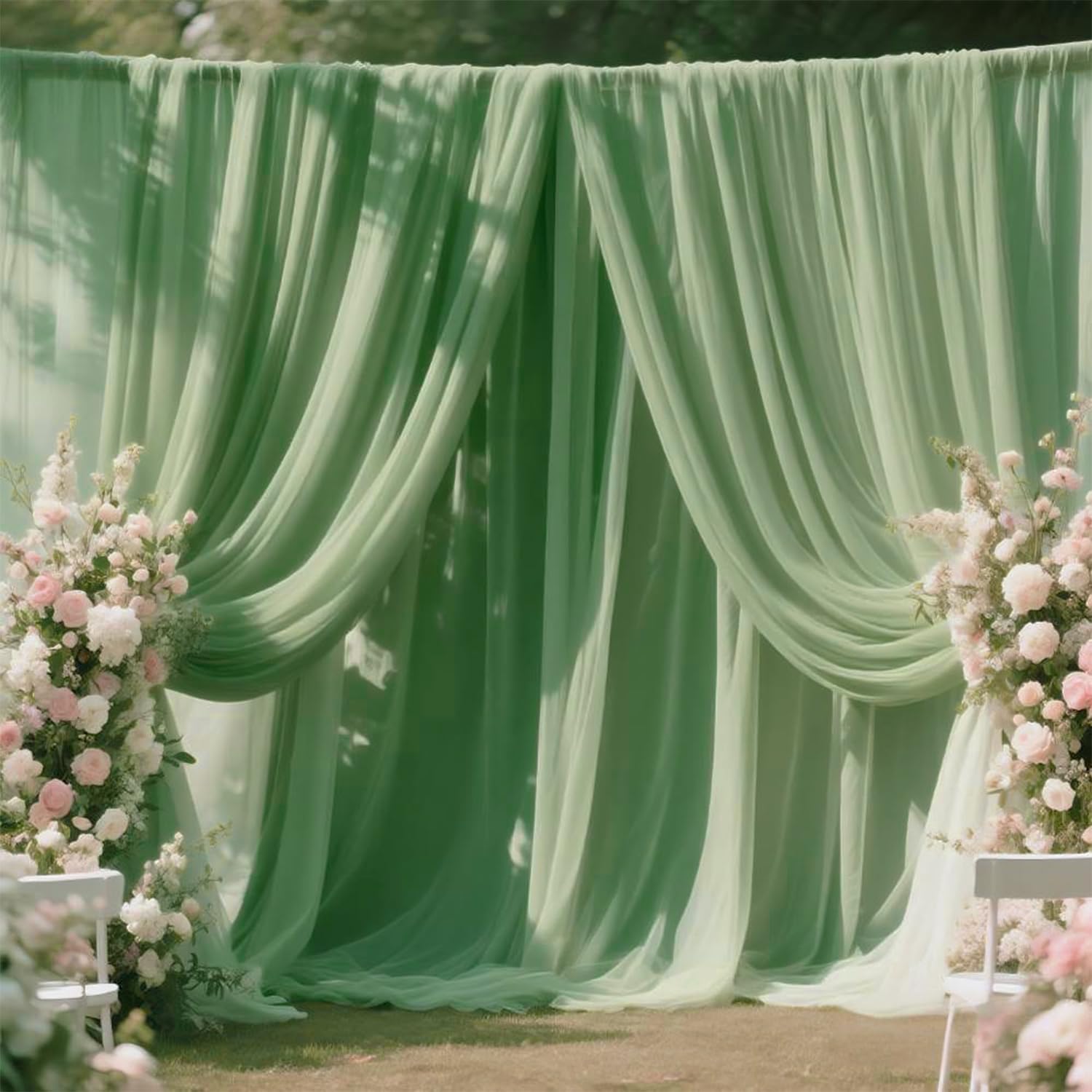 Photo 1 of 10 Yard Chiffon Sage Green Fabric Sheer Draping for Wedding Voile Tulle Material Arbor Backdrop Canopy Birthday Party Christmas Gender Reveal Bridal Baby Shower DIY Decoration Backdrop
