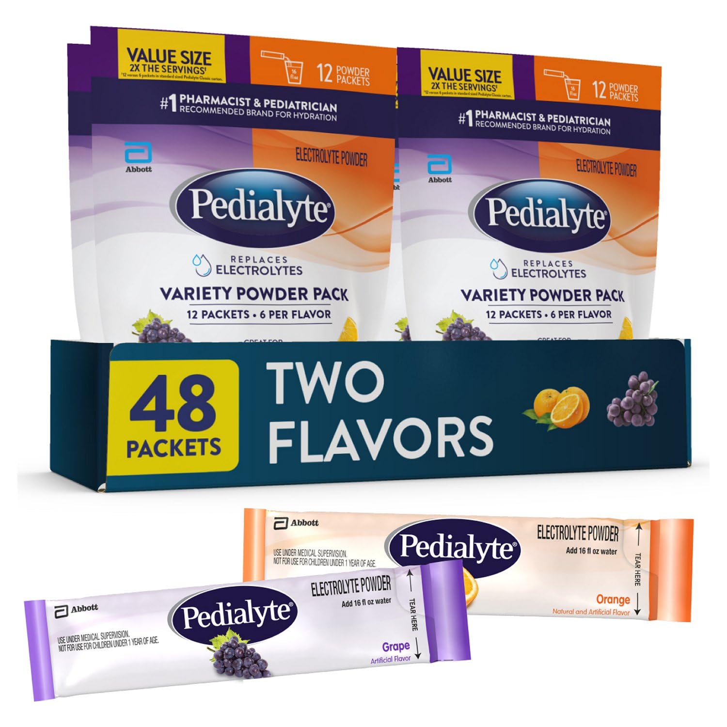 Pedialyte Electrolyte Powder, Hydration Drink for Kids & Adults, Variety Pouch: Grape and Orange, 48 Powder Packets Image