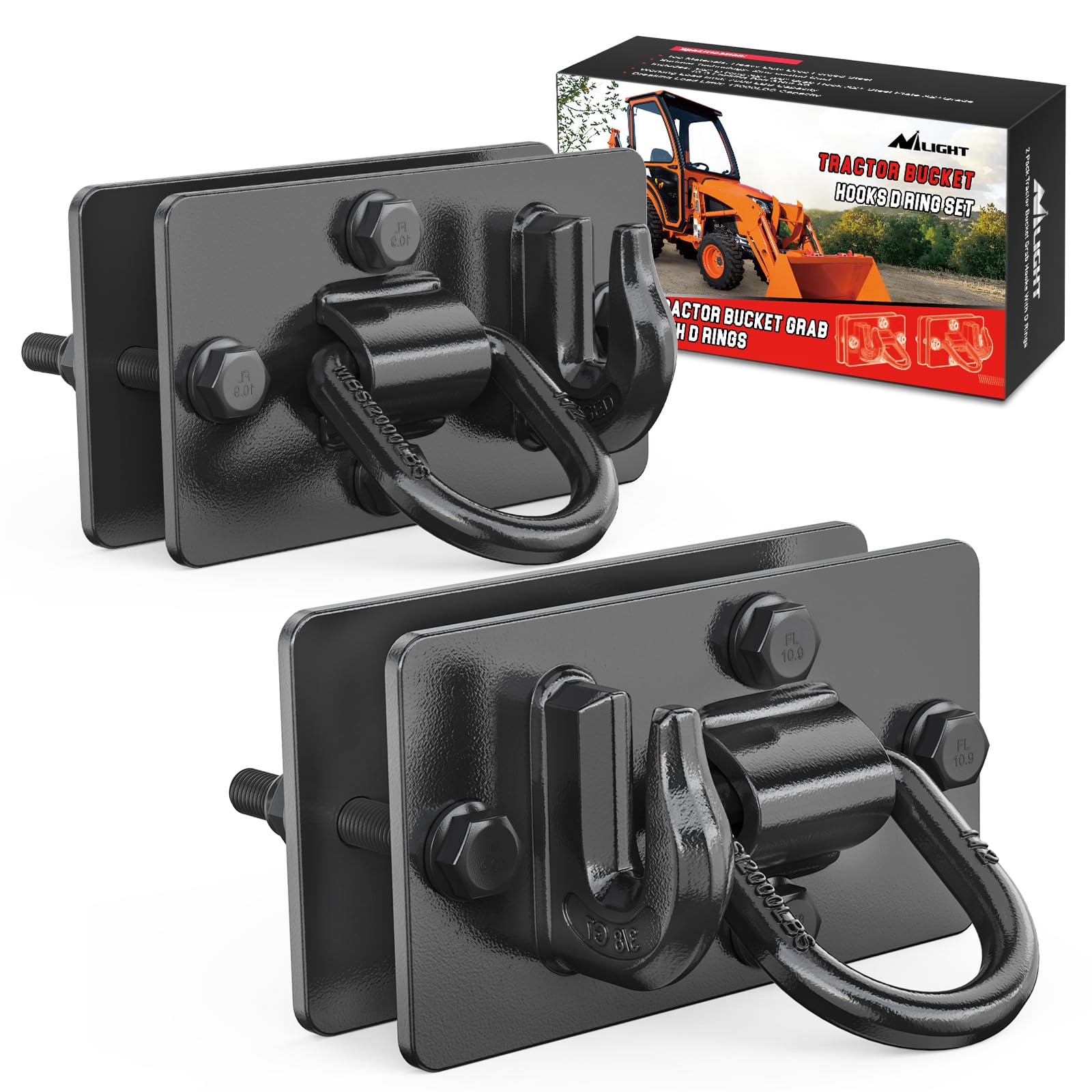 Nilight 2PCS Tractor Bucket Hooks with Tie Down Ring, Bolt-On Grab Hook with Back Plates Compatible with Trailer RV UTV Truck, Grade 70 Grade Forged Steel Max 15000 lbs, Black