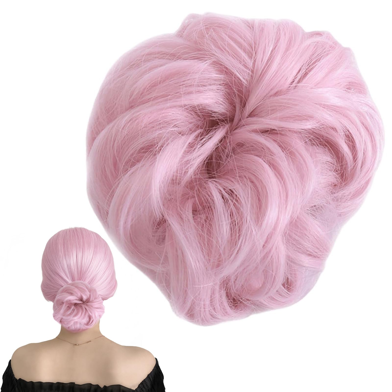 Traziewell Extension Hair Pieces Messy Bun Scrunchie Wavy Hairpieces Heat Resistant Synthetic Fibres Pink Curly Hair Extensions, 1333 โ image 1