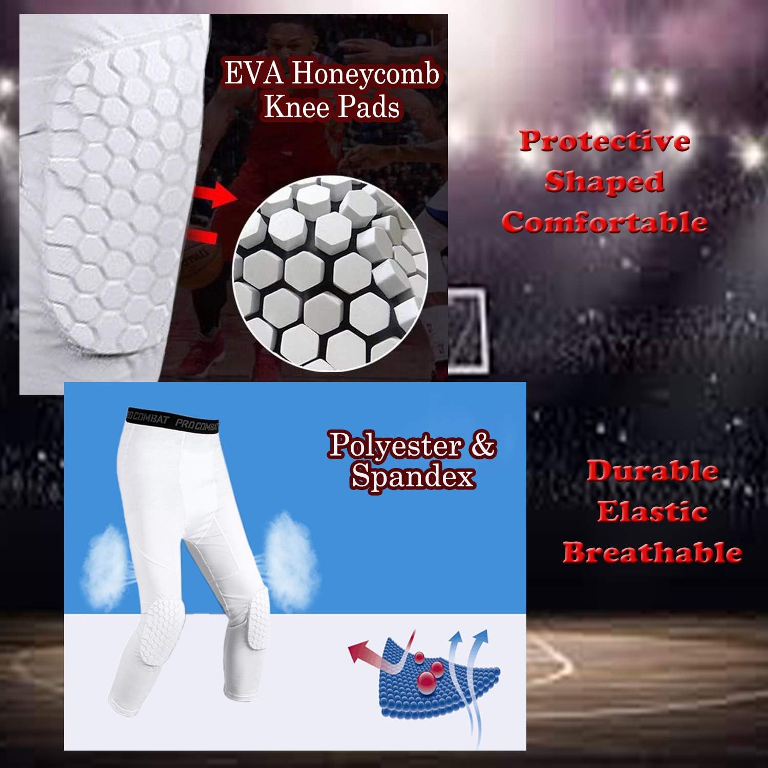 Basketball Compression Pants With Knee Pads, White 3/4 Capri Compression Pants Padded, Basketball Tights Leggings for Men Women Boys Girls, Youth Knee Pads for Basketball Softball Volleyball Soccer : Sports & Outdoors