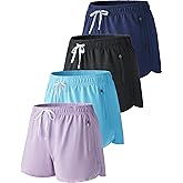 4 Pack Youth Girls Athletic Shorts 3", Girls Soccer Shorts, Kids Workout Gym Clothes Activewear Apparel with Zipper Pockets