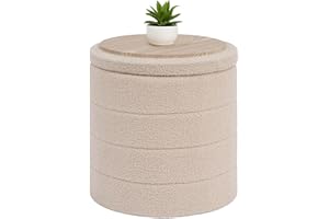 B FSOBEIIALEO Ottoman with Stroage, Round Sherpa Storage Ottoman Stool, Boucle Foot Rest 43x43x45cm（Beige