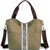 SILKAREA Women's Canvas Large Tote Bag Embroidered Shoulder Bag Multi Pocket Crossbody Bag Top Handle Bag Handbag Hobo Purse