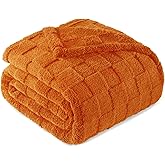 Exclusivo Mezcla Queen Size Flannel Fleece Blanket, Super Soft and Warm Lightweight Checkered Pattern Blanket for All Seasons, 90x90 Inches, Burnt Orange