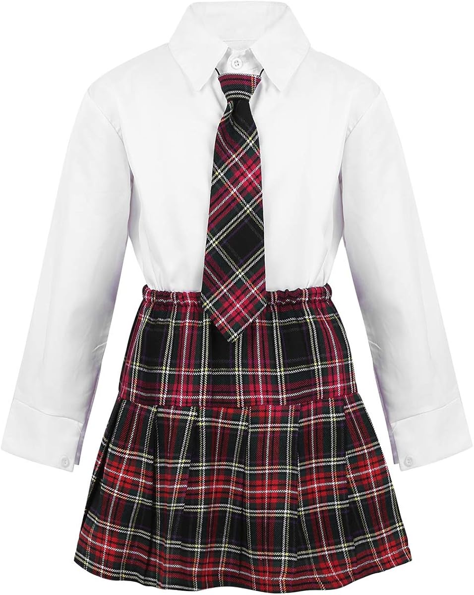 JEATHA Kids Girls Long Sleeves British Style School Uniforms Anime Cosplay Shirt Blazer with Tie Plaid Mini Skirt Set: Clothing