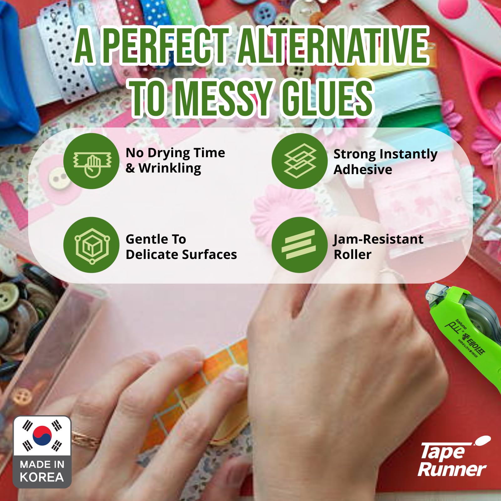 TAPE RUNNER - Double Sided Adhesive with Dispenser Roller Included - Acid Free, Sticky, Transparent - Ideal for Scrapbooking, Crafts & More - Retractable (315 inches per Cartridge), 5 Cartridges