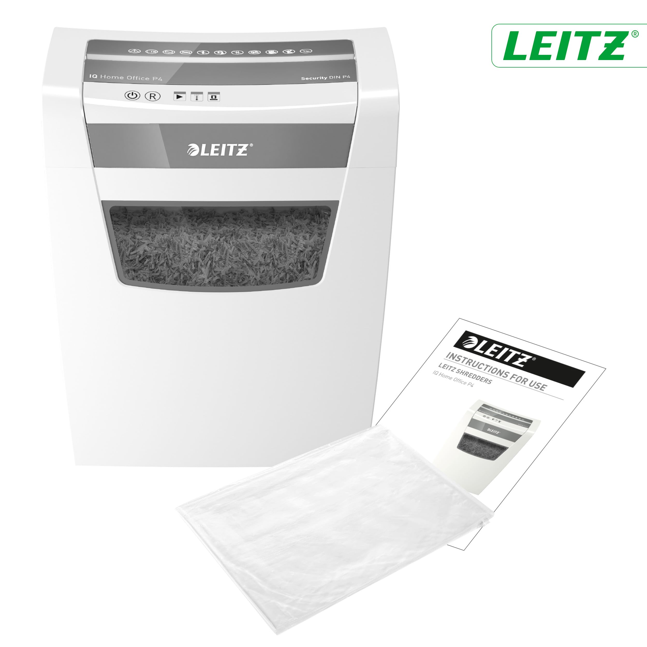 Leitz IQ Aktenvernichter Home Office, 12-10 Blatt (70-80 g/m²), TÜV+GS zertifiziert, Partikelschnitt, Sicherheitsstufe P4, Die Nummer 1 am Markt, 23L Behälter, Schredder für Büro, Weiß, 80090000 7