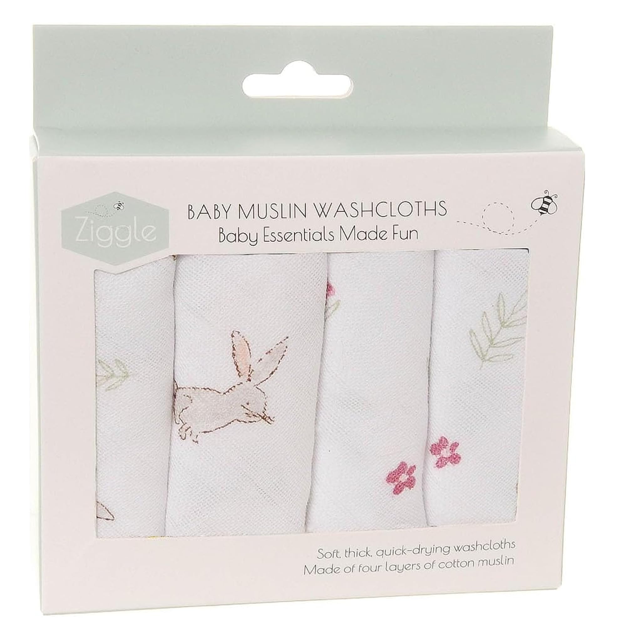 Ziggle Baby Wash Cloths 25x25 cm, 4 Muslin Cotton Reusable Face & Body Towels | Ultra-Soft Baby Wipes for Bathtime & Skincare – Newborn Essentials Gift Set