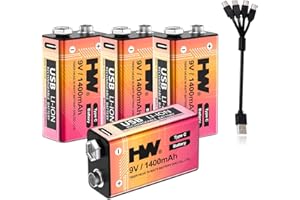 HW 9 Volt Batteries 4 Pack, 1400mAh Rechargeable Lithium Battery 9V with USB C Fast Charging Cable, 1600+ Cycles Square Baterias for Smoke Detectors, Fire Alarms, Remote Controls, Clocks and More
