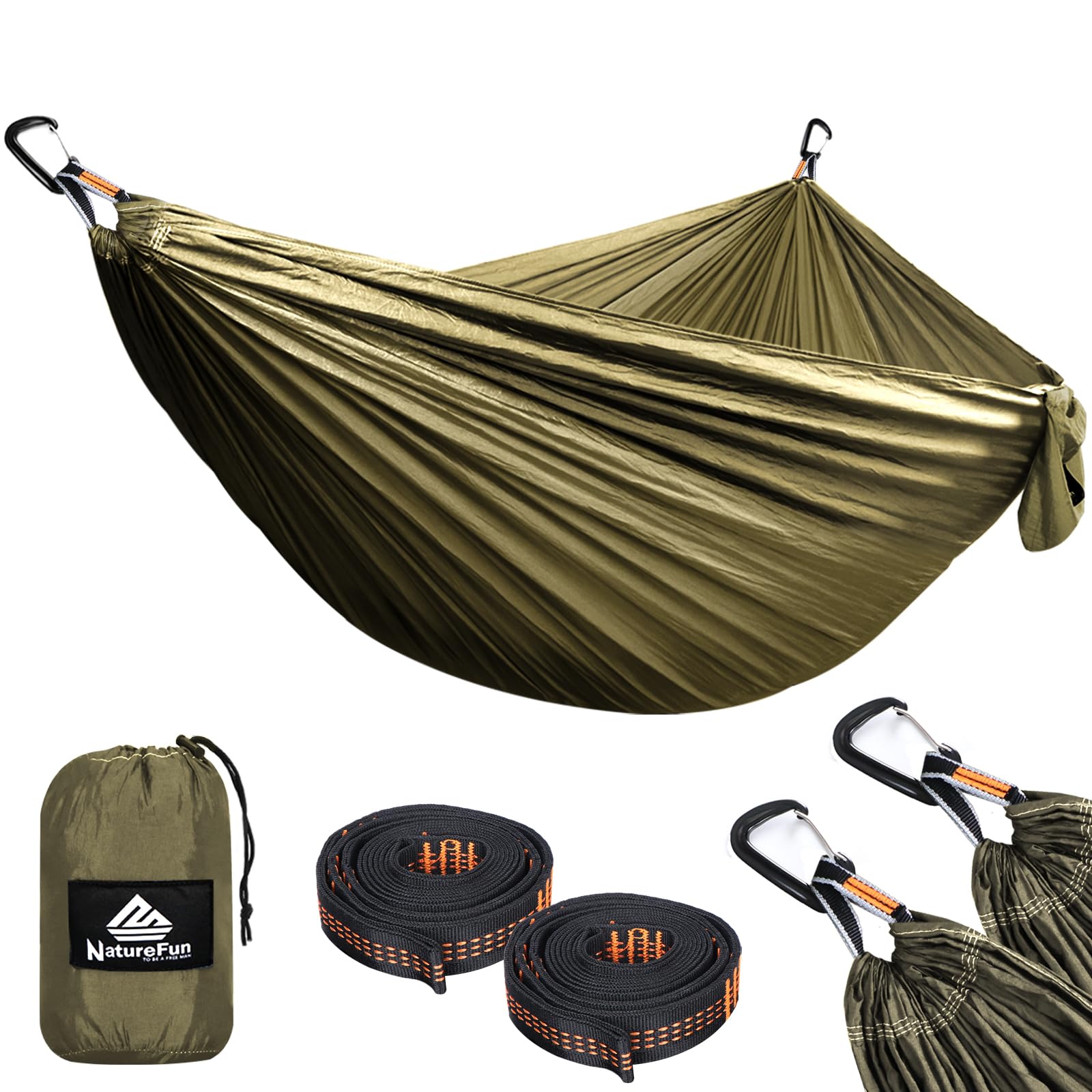 NatureFun Ultra-Light Travel Camping Hammock | 300kg Load Capacity,(300 x 200 cm) Breathable,Quick-drying Parachute Nylon | 2 x Premium Carabiners,2 x Nylon Slings Included | For Outdoor Indoor Garden