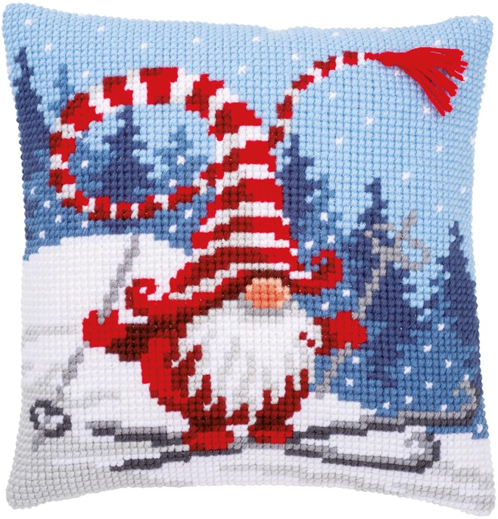 Vervaco Cross Stitch Christmas Embroidery Kits Pillow Front for Self-Embroidery with Embroidery Pattern on 100% Cotton, 15,75 x 15,75 Inches - 40 x 40 cm, Christmas Gnome Hat