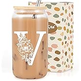 Coolife Initial Glass Cup, Monogrammed Gifts for Women, 16 oz Glass Cups w/Lids Straws, Iced Coffee Smoothie Beer Tumbler w/Straw Lid, Personalized Valentines, Birthday Gifts for Her Mom Friend Woman