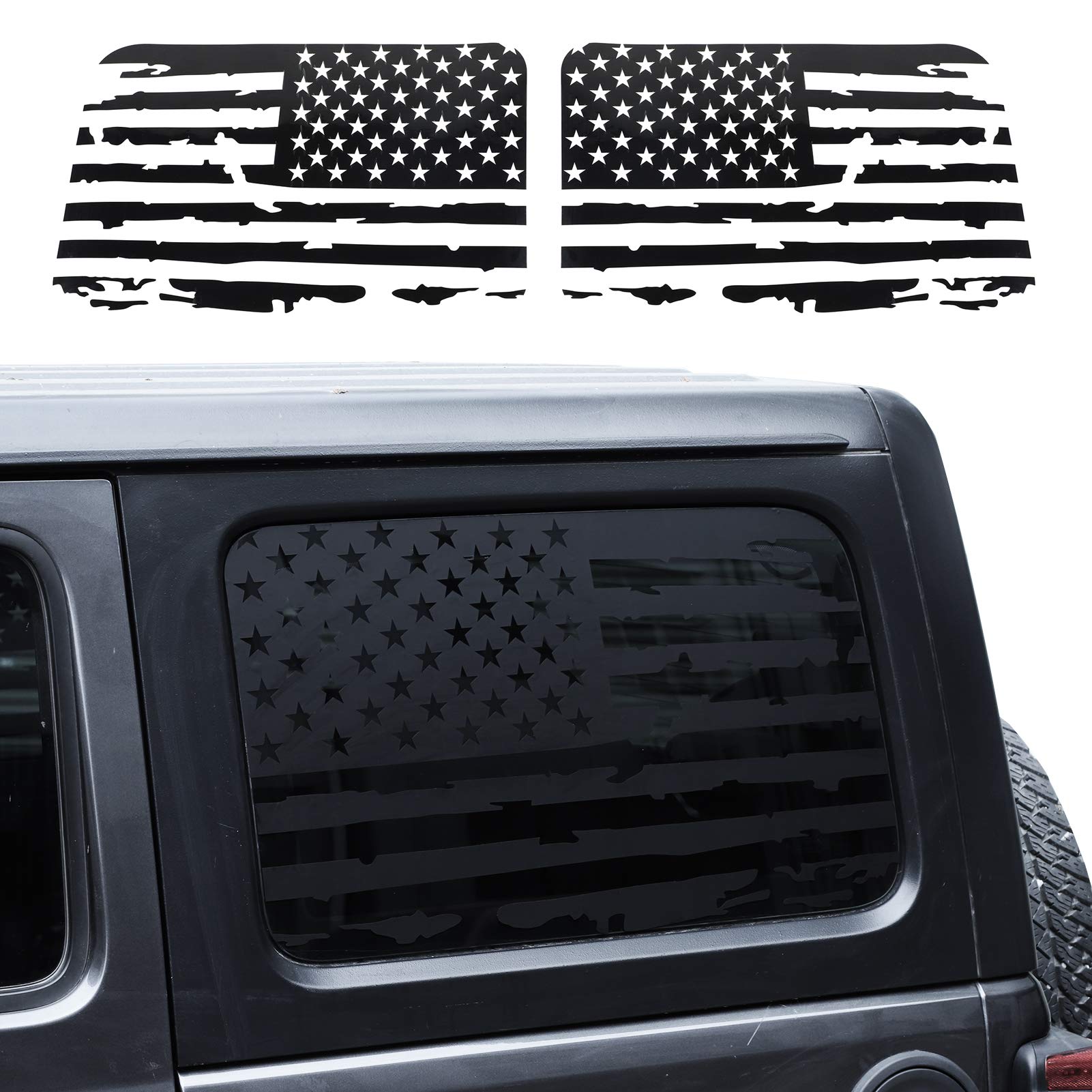 Photo 1 of **MISSING ONE DECAL** JeCar Hardtop Window USA Distressed Flag Decals Vinyl American Flag Stickers Compatible with Jeep Wrangler 2018-2024 JLU 4 Door, 1 Pair