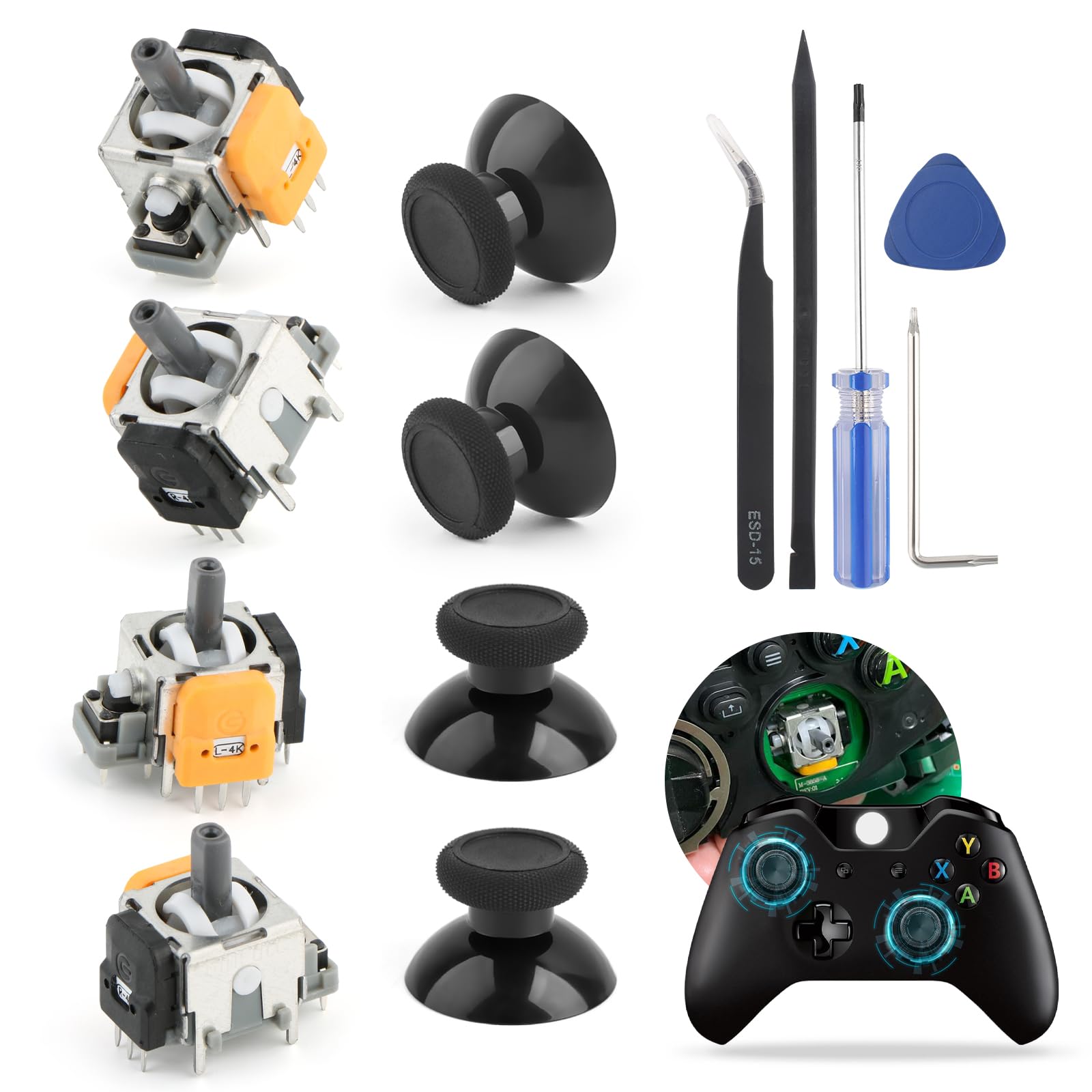 Photo 1 of 4Pack Joysticks for XboxOne S/X Hall Effect Joystick Replacement for Xbox One/One S 3D Analog Sensor Module Thumb Stick Controller Accessories Parts with Repair Tools