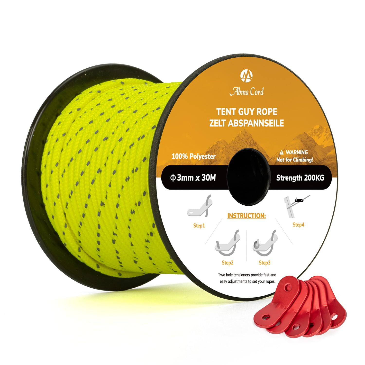 Abma Cord Tent Guy Ropes 3mm 30M Guy Line 6 Pcs Guy Rope Tensioners Heavy Duty Guide Rope for Camping, Gazebos, Awning, Tarp - Reflective Neon Yellow
