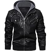 HOOD CREW Men’s Casual Stand Collar PU Faux Leather Zip-Up Motorcycle Bomber Jacket With a Removable Hood