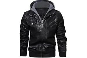 HOOD CREW Men’s Casual Stand Collar PU Faux Leather Zip-Up Motorcycle Bomber Jacket With a Removable Hood