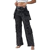 Women's High Waist Baggy Cargo Jeans Zipper Side Slit Straight Wide Leg Stretchy Denim Pants Y2K Streetwear with Pockets