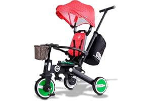 NewtronX Adventure Pro Summer Edition - Foldable Tricycle for Toddlers-Big Canopy, Basket,Travel Backpack and Parent Bag - Toddler Tricycle for Ages 10 Months to 5 Years (Watermelon/Red)