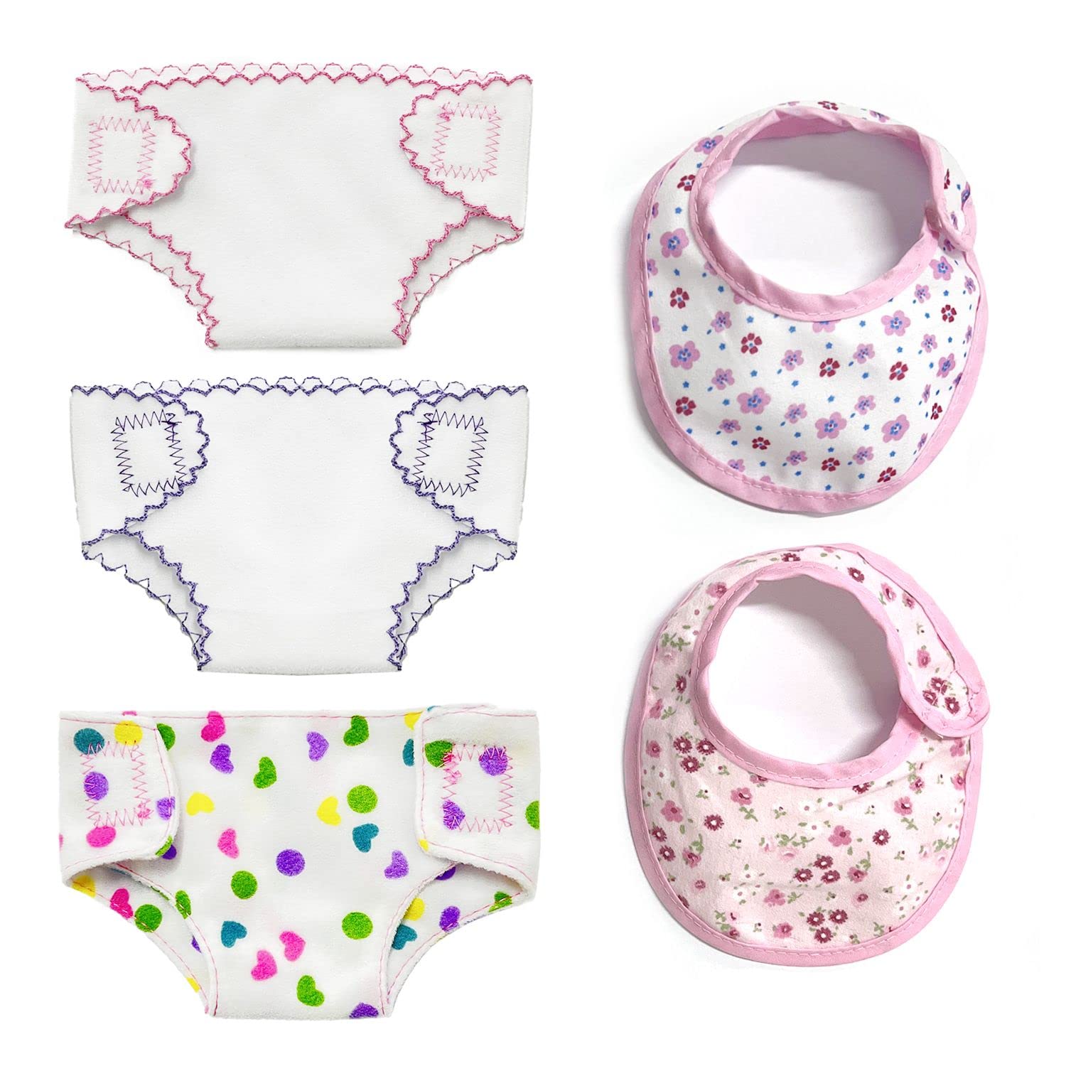 ZWZNBL 5 Pack Doll Accessories Diaper Baby Doll Nappies Bib Set Baby Doll Feeding Set for 14-18 Inch Doll Can Withstand Multiple Washing, Reusable For Multiple Uses