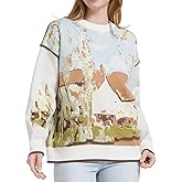 Pastoral Village Knit Sweater, Vintage Impressionist Landscape Pullover, Casual Crewneck Art Style Jumper