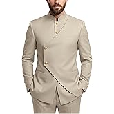 Wangyue Chinese Suit Men 2 Piece Slim Fit Safari Suits for Men Mandarin Collar Suit Chinese Tunic Suits Blazer Pants Set