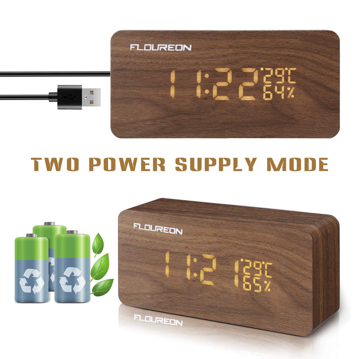 FLOUREON Digitale Wecker, Funk Wecker, LED Display Holzuhr mit 2 Stromversorgungsmodi, 3 Helligkeit, Datum Uhrzeit, Temperatur und Luftfeuchtigkeit (Bambus)