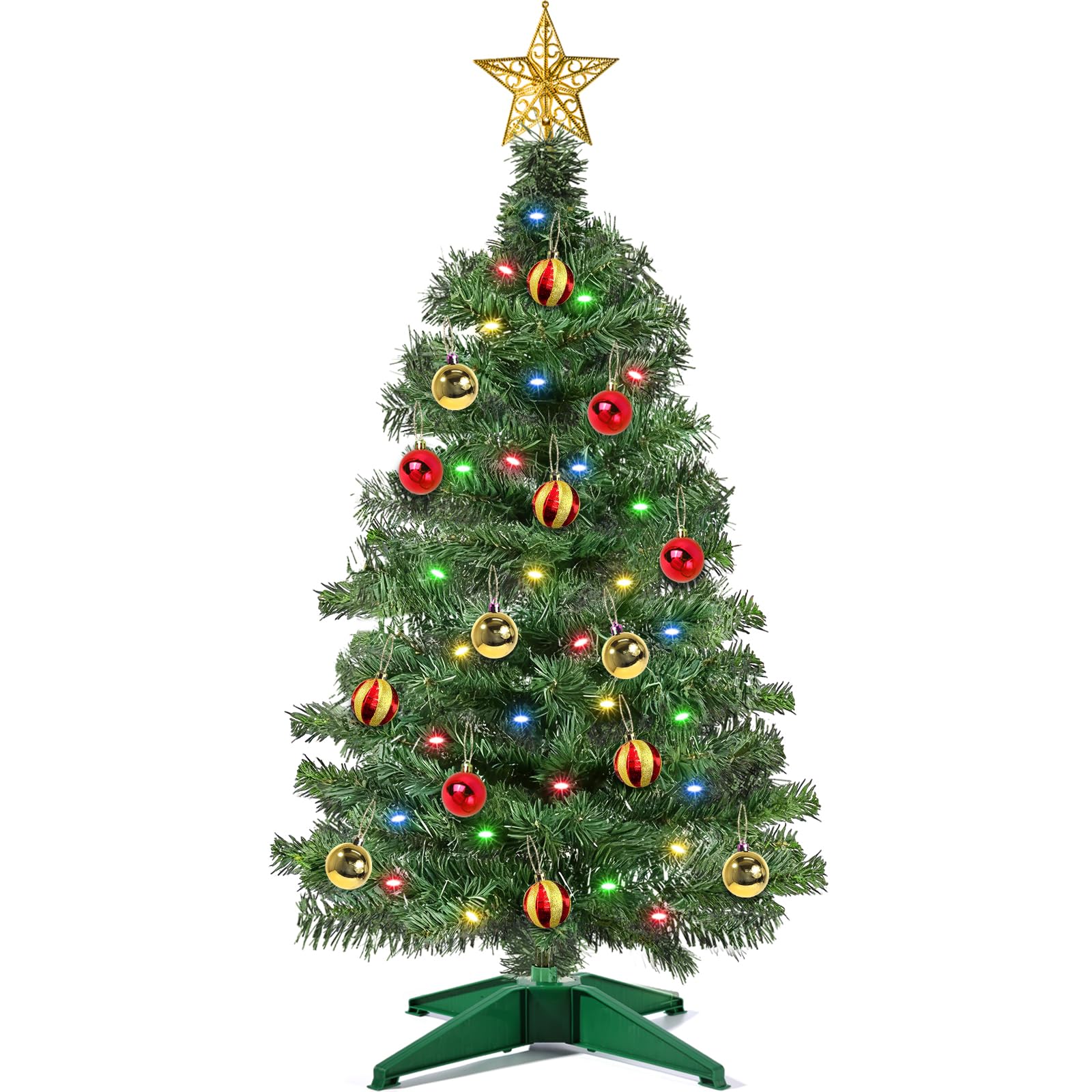 Photo 1 of [ Timer & 12 Modes ] 3 Ft Green PVC Christmas Tree with 50 Multi Color Lights DIY 15 Ball Ornaments 3D Star Small Artificial Xmas Tree for Indoor Holiday Party Decorations