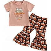 BULINGNA 2Pcs Kids Toddler Girl Thanksgiving Outfit Thick Thighs&Pumpkin Pies Letter Print Baby T-shirt Tops Flare Pants Set