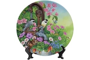 LIGUTARS Flowers and Birds Decor Ceramic Decorative Plate, 6 Inch, Birds on The Water Press Ceramic Decorative Plate with Vertical Stand Porcelain Plate for Dining Table Tabletop Party Kitchen Home Decor Gift