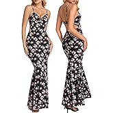 Auraxe Women's Floral Mesh Bodycon Maxi Dresses for Wedding Guest Spaghetti Strap Long Formal Cocktail Party Dress