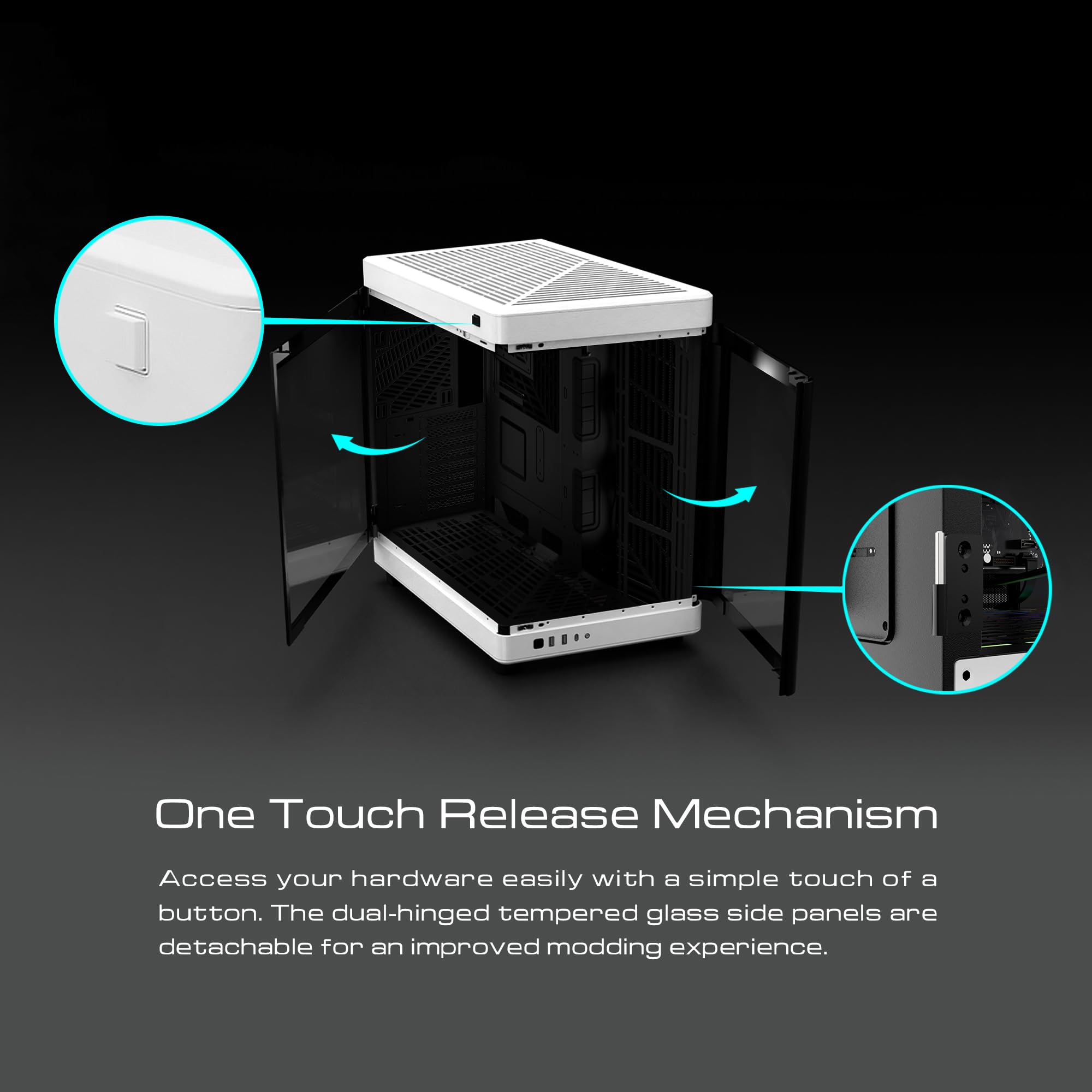 GAMDIAS RGB Dual-Chamber Panoramic Tempered Glass Gaming PC Case; 2-way Standing with Vertical & Horizontal Orientaton and One-touch Open; Computer Case support 420mm AIO & Huge Cable Management Space