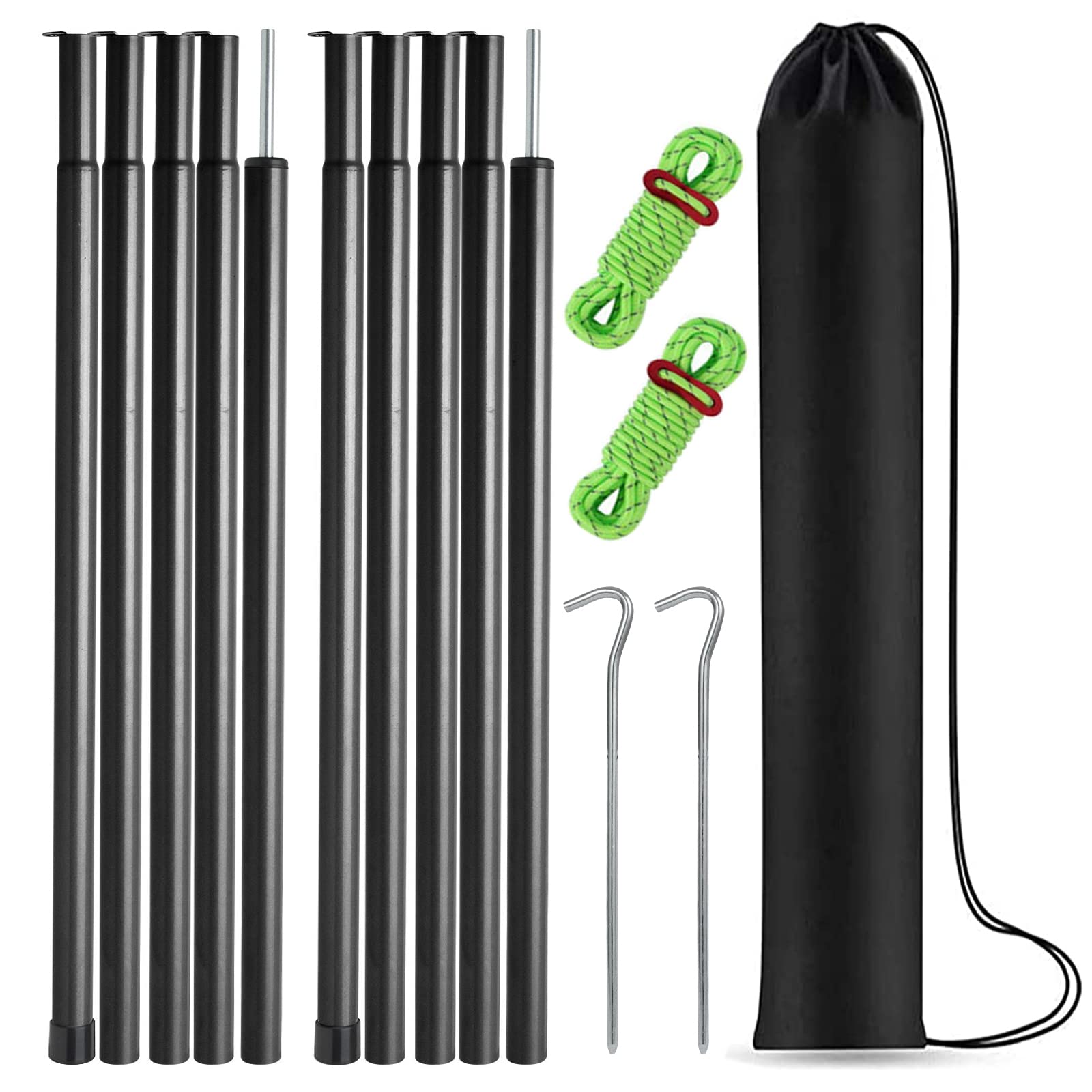 Photo 1 of Tent Poles Adjustable Tarp Poles Steel Rods for Tarp Canopy Camping Replacement Set of 2 +Pegs & Reflective Ropes (Black)