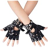 FAYBOX Black Leather Fingerless Gloves for Women Teens, Halloween Costume Accessories Belt Up Half Finger Gloves
