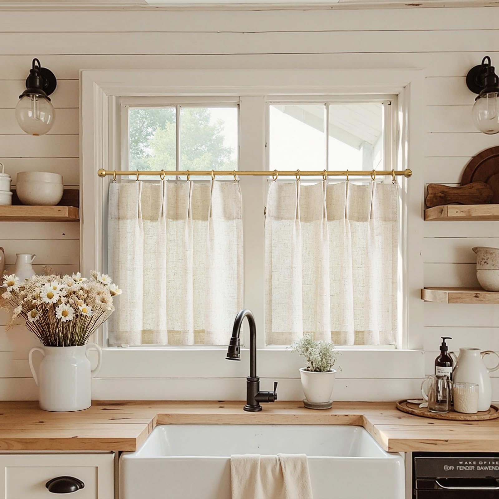 Photo 1 of jinchan Linen Pinch Pleated Kitchen Curtains 30 Inch 2 Panels, Natural Linen Tier Curtains Back Tab Farmhouse Cafe, Light Filtering Small Window Drapes for Bathroom Laundry Room Beige