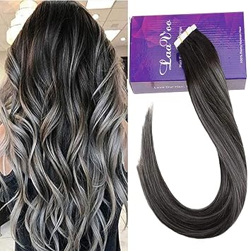 14 Pulgadas Tape Weft Extensiones De Pelo Highlight Color Negro Con Gris Cabello Humano Sin Procesar Tape De Double Cara 50 Gpaquete 20 Piezas