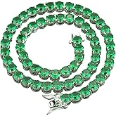 OWNCOOL 7MM Emerald Green Tennis Necklace Cubic Zirconia Baguette Tennis Diamond Choker Chain Necklaces For Men Women
