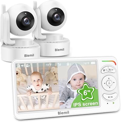 Blemil Video Baby Monitor 2 Cameras 6" IPS Split Screen Night Vision 30Hr Batt