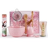 8 Pcs Matcha Whisk Set, Ceramic Matcha Set Includes Matcha Bowl, Matcha Whisk and Holder, Bamboo Scoop, Scoop Rest, Sifter and Tea Towel Matcha Kit for Matcha Lovers (Pink)